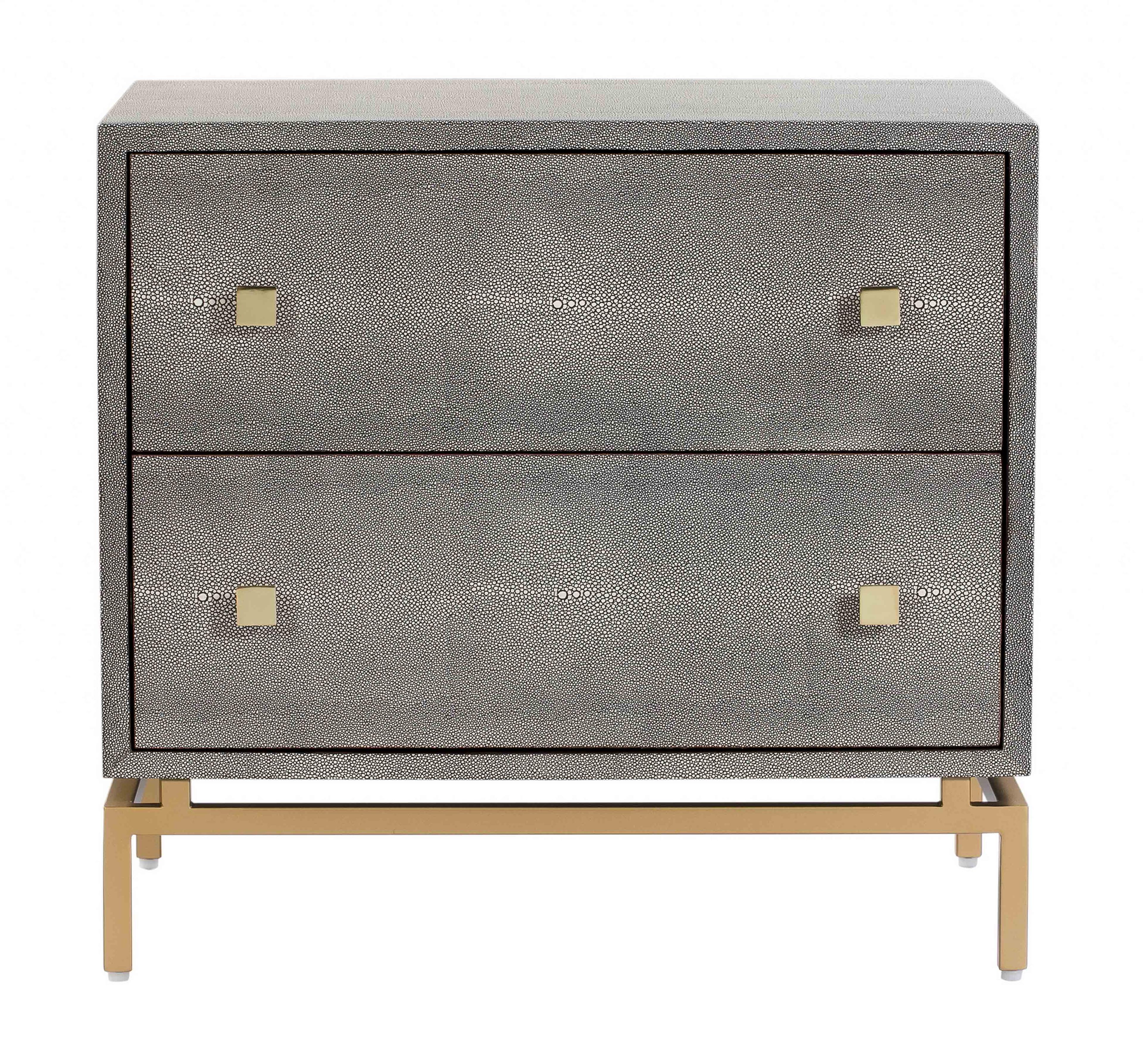 Pesce Modern Gray Shagreen 2-Drawer Nightstand with Brass Accents