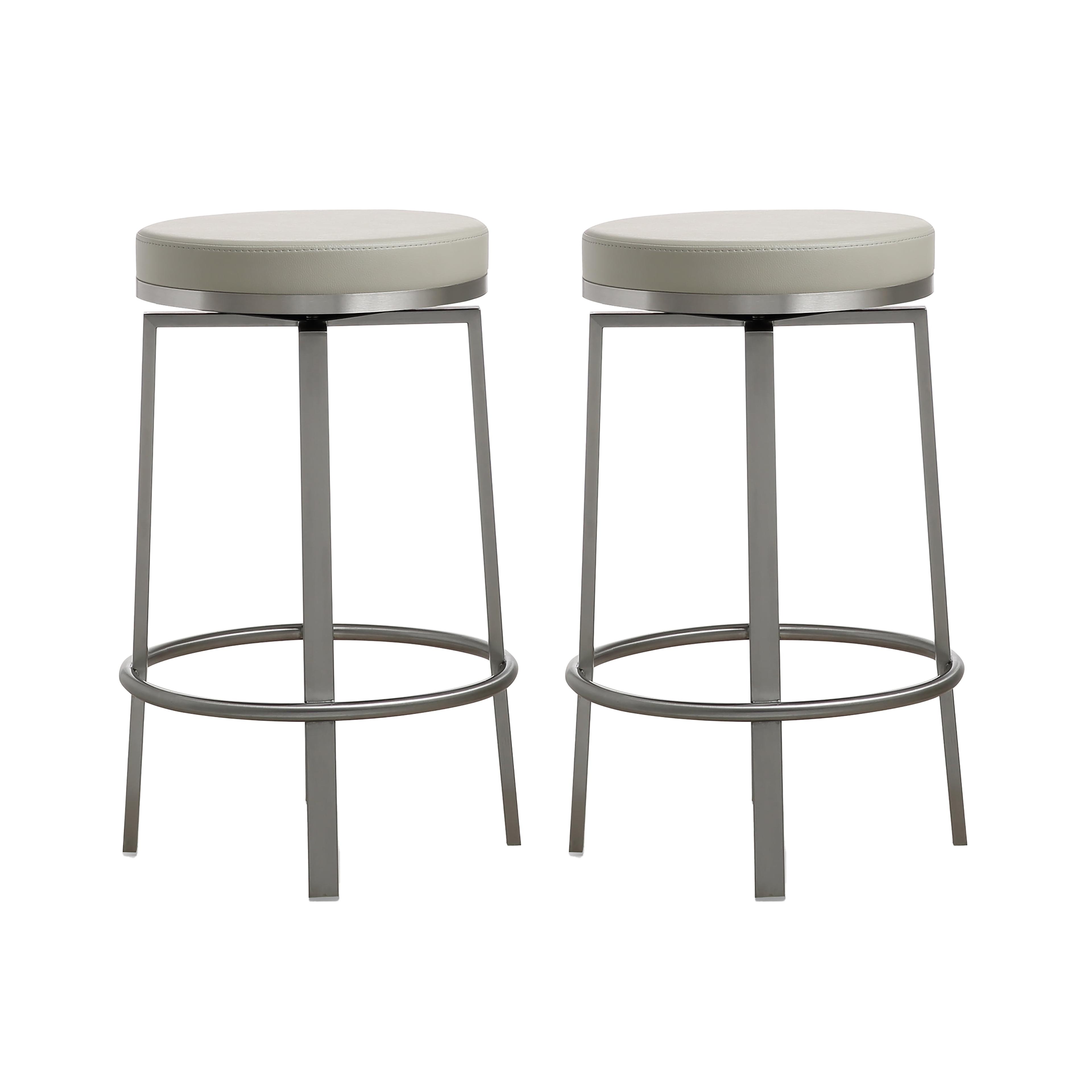 Gray Vegan Leather Swivel Counter Stools with Stainless Steel Legs - Set of 2