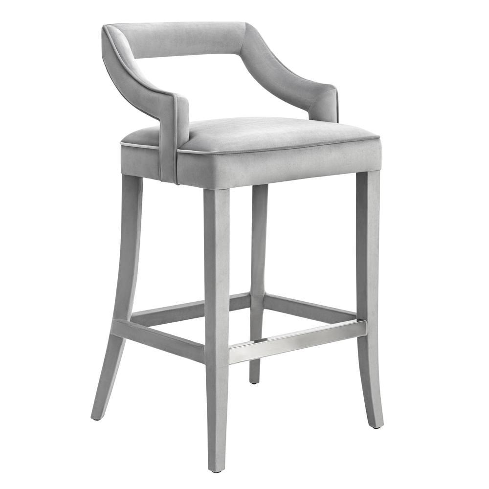 Elegant Grey Velvet & Metal Bar Stool with Silver Footrest - 21.7"W