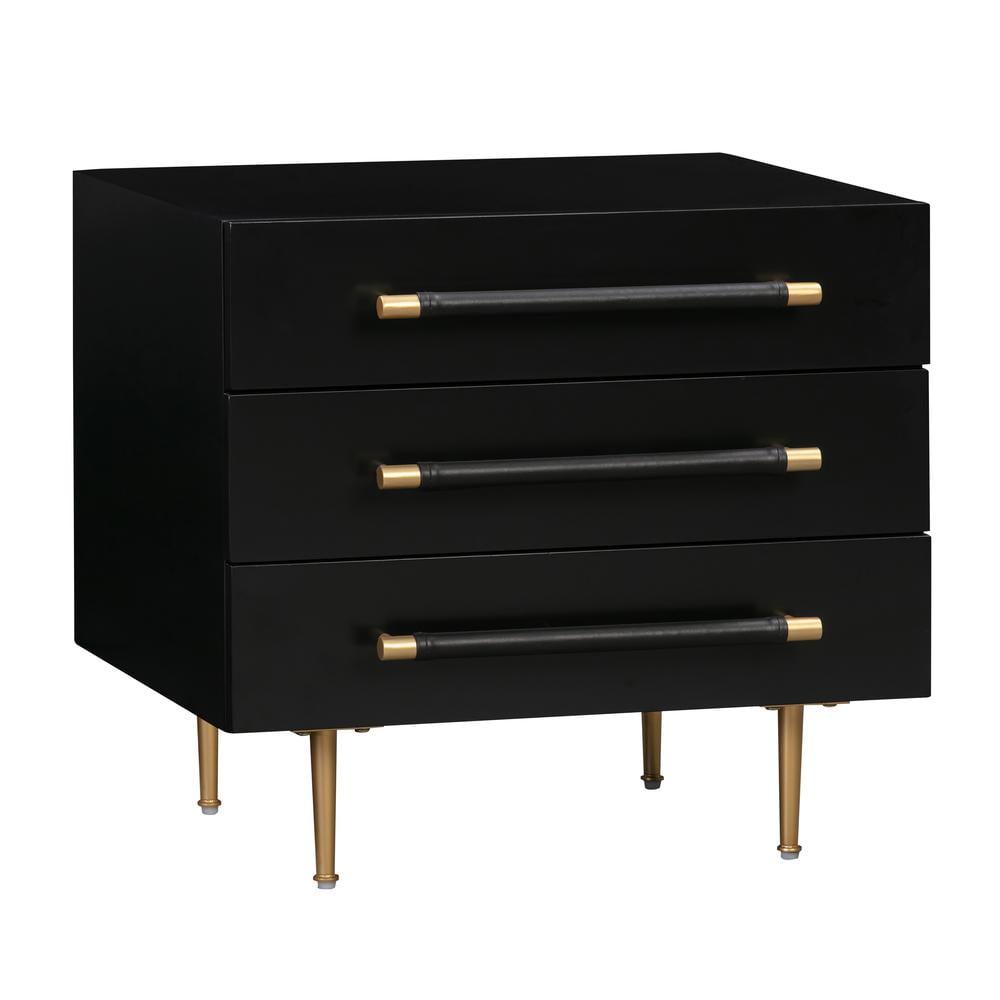 Trident Black Acacia Wood 3-Drawer Nightstand with Brass Accents