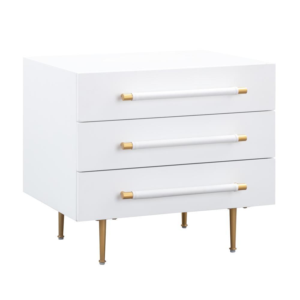 White 3-Drawer Nightstand with Brass Accents and Tapered Legs