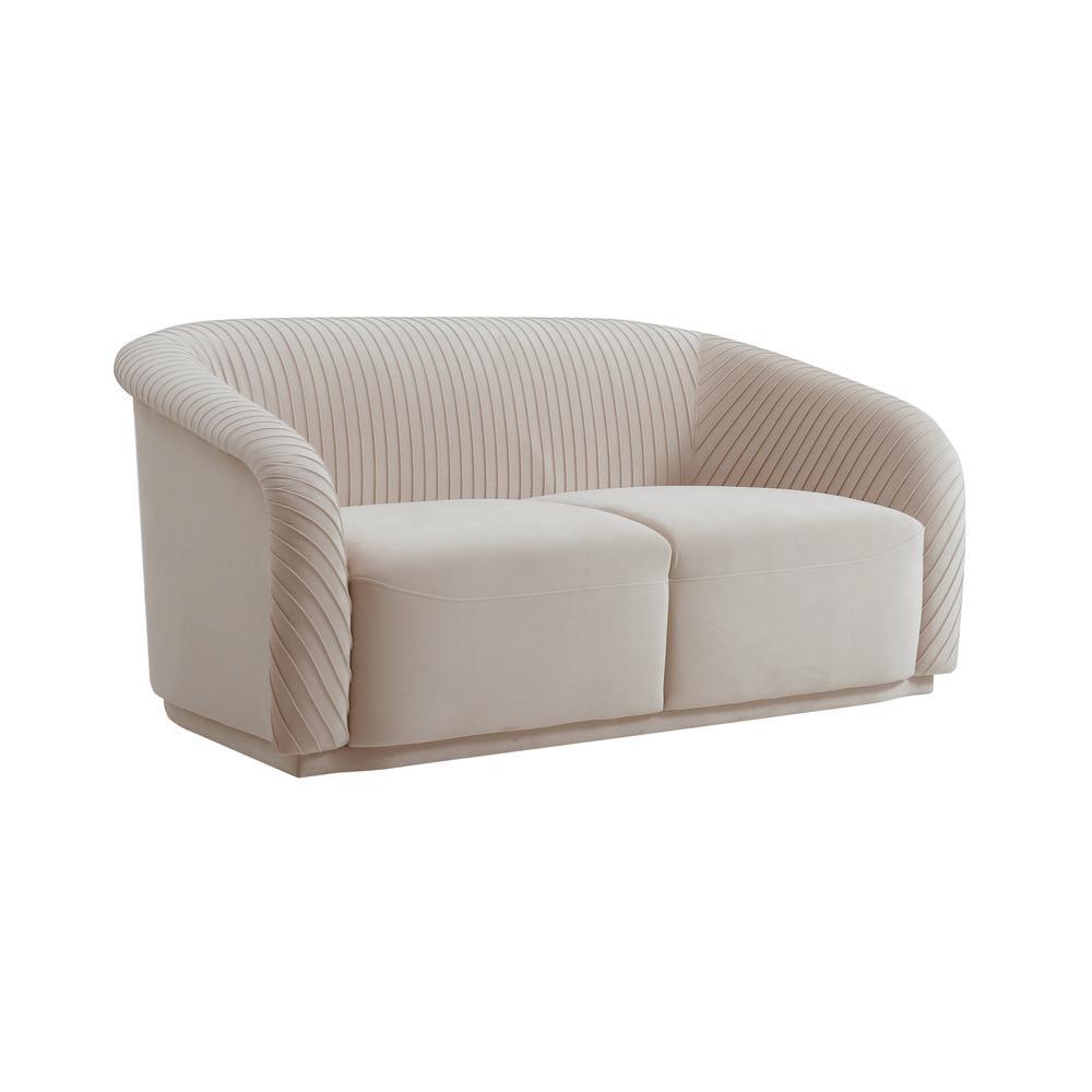 Beige Velvet Rolled Arm Loveseat with Wood Frame