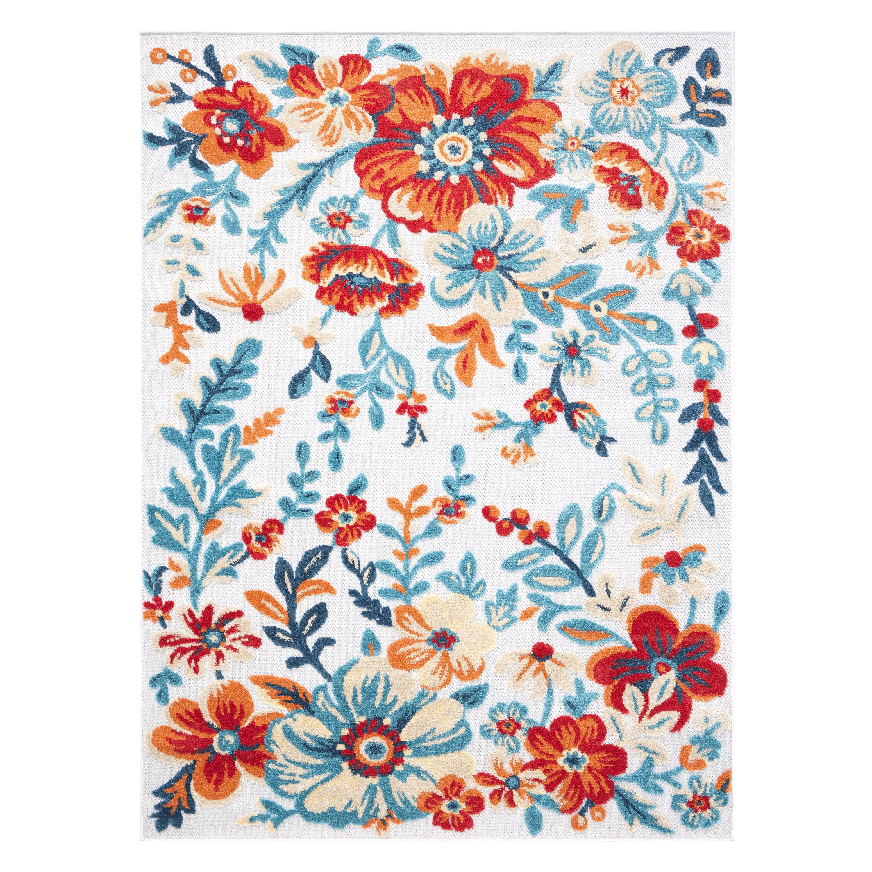 TOWN & COUNTRY EVERYDAY Hibiscus Bloom Modern Floral Indoor Outdoor Area Rug, UV Fade Resistant, High-Low Pile, Ivory/Red/Blue, 5'2"x7'2"