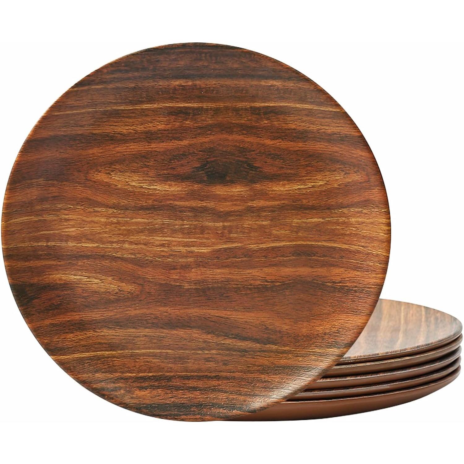 8.5" Rosewood Grain Melamine Round Dinner Plates, 6-Piece Set