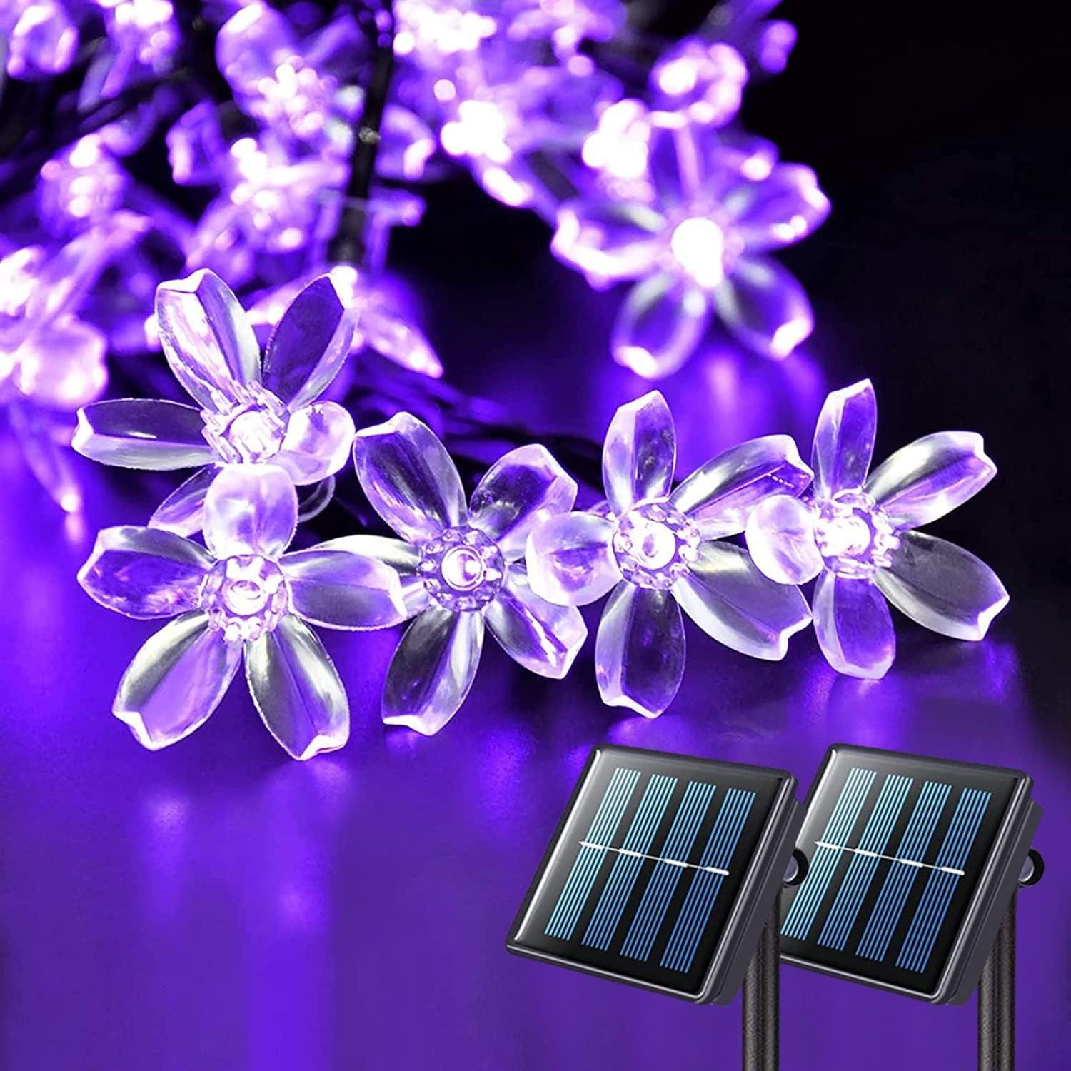 KOMI 2 Pack Purple Solar Flower String Lights, Each 30.6FT 50 LED Solar Powered Christmas Lights Outdoor Waterproof, 8 Modes Solar Halloween Lights for Garden Yard Patio Tree Halloween Decoration