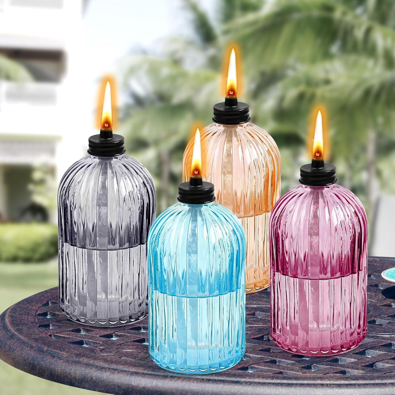 Colorful Glass Tabletop Citronella Torches with Fiberglass Wicks, Set of 4