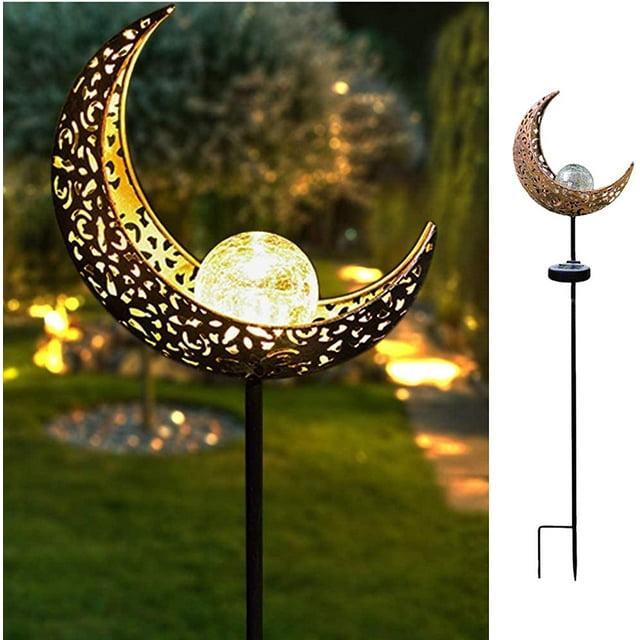 TRAHOO-Garden Solar Light Outdoor Decorative, Moon Crackle Glass Globe Stake Metal LightsWaterproof Warm White LED for Pathway, Lawn, Patio, Yard