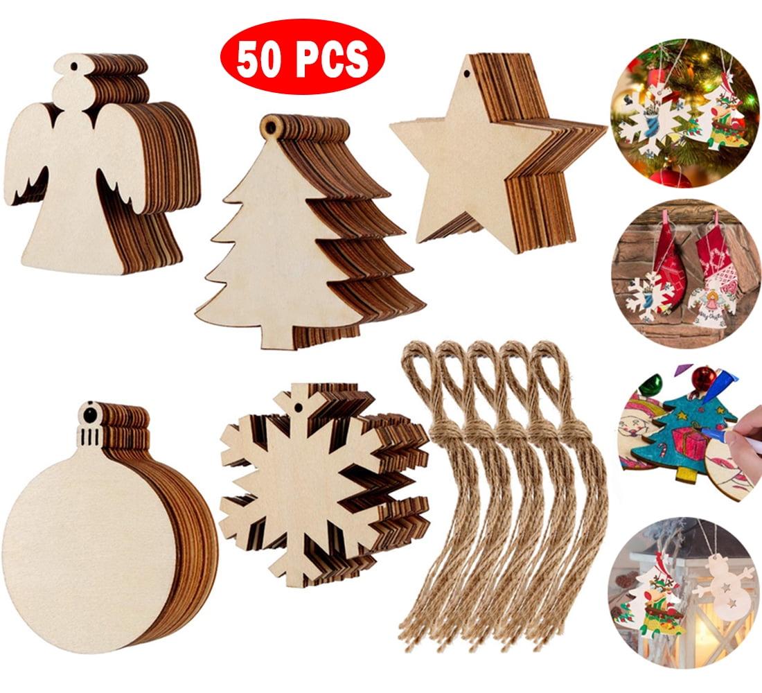 Homaful 50 Pcs Wooden Christmas Ornaments, Christmas Crafts for Kids, 5 Styles DIY Christmas Ornaments Kit with 50 Strings, Unfinished Wood Slice for Hanging Holiday Decoration