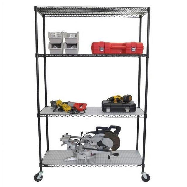 TRINITY Black 4-Tier NSF Rolling Steel Wire Shelving Unit w/ Liners & Wheels (48 in. W x 18 in. D)