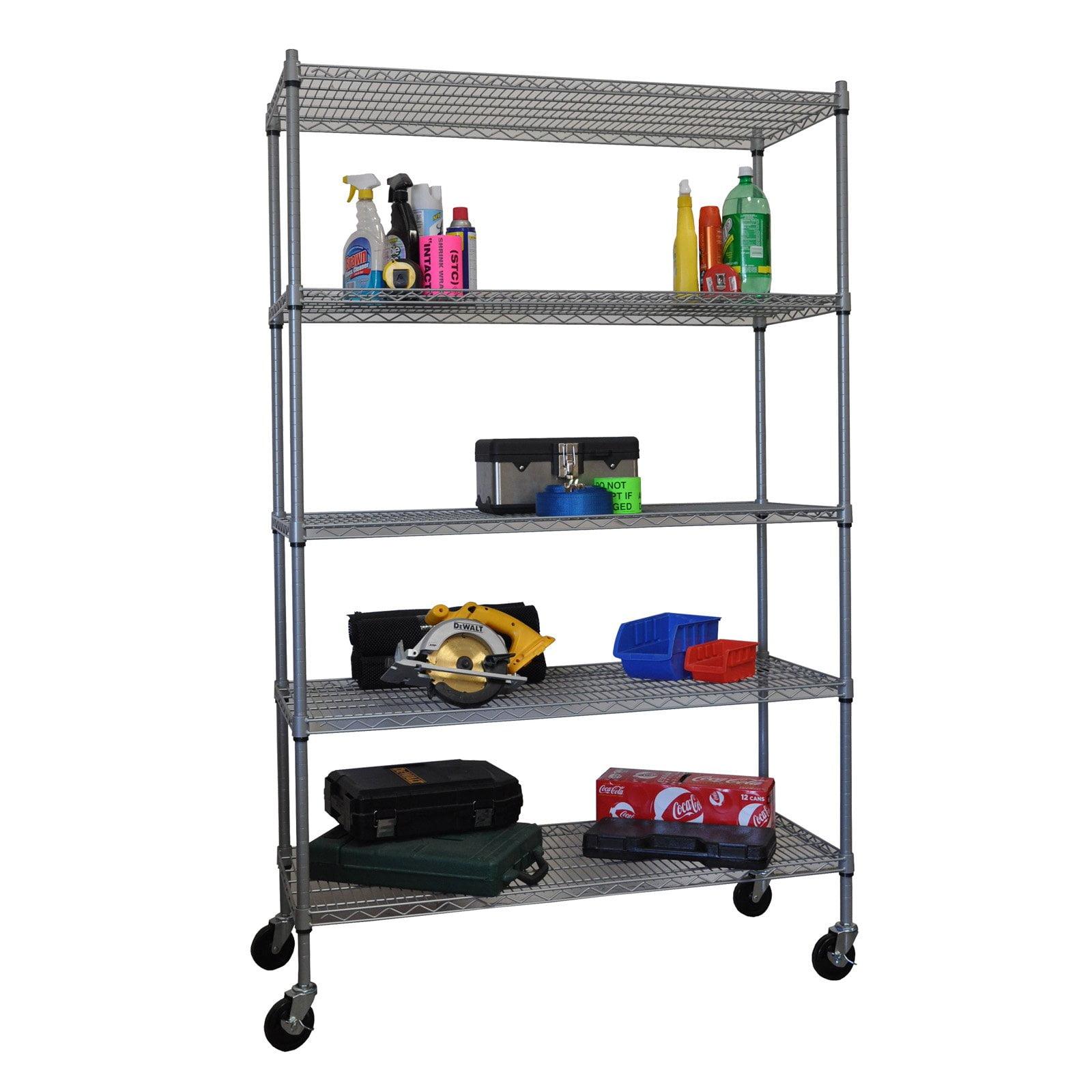 Gray Adjustable 5-Tier Steel Wire Shelving Unit with Wheels