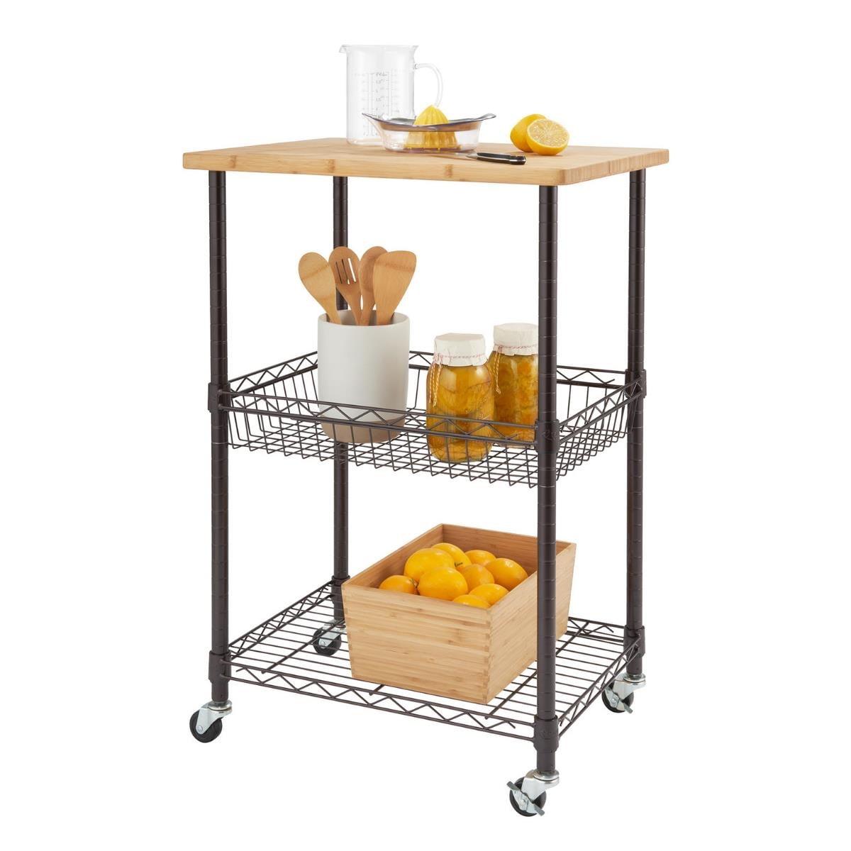 24" Dark Bronze Steel Kitchen Cart with Bamboo Top and Adjustable Storage