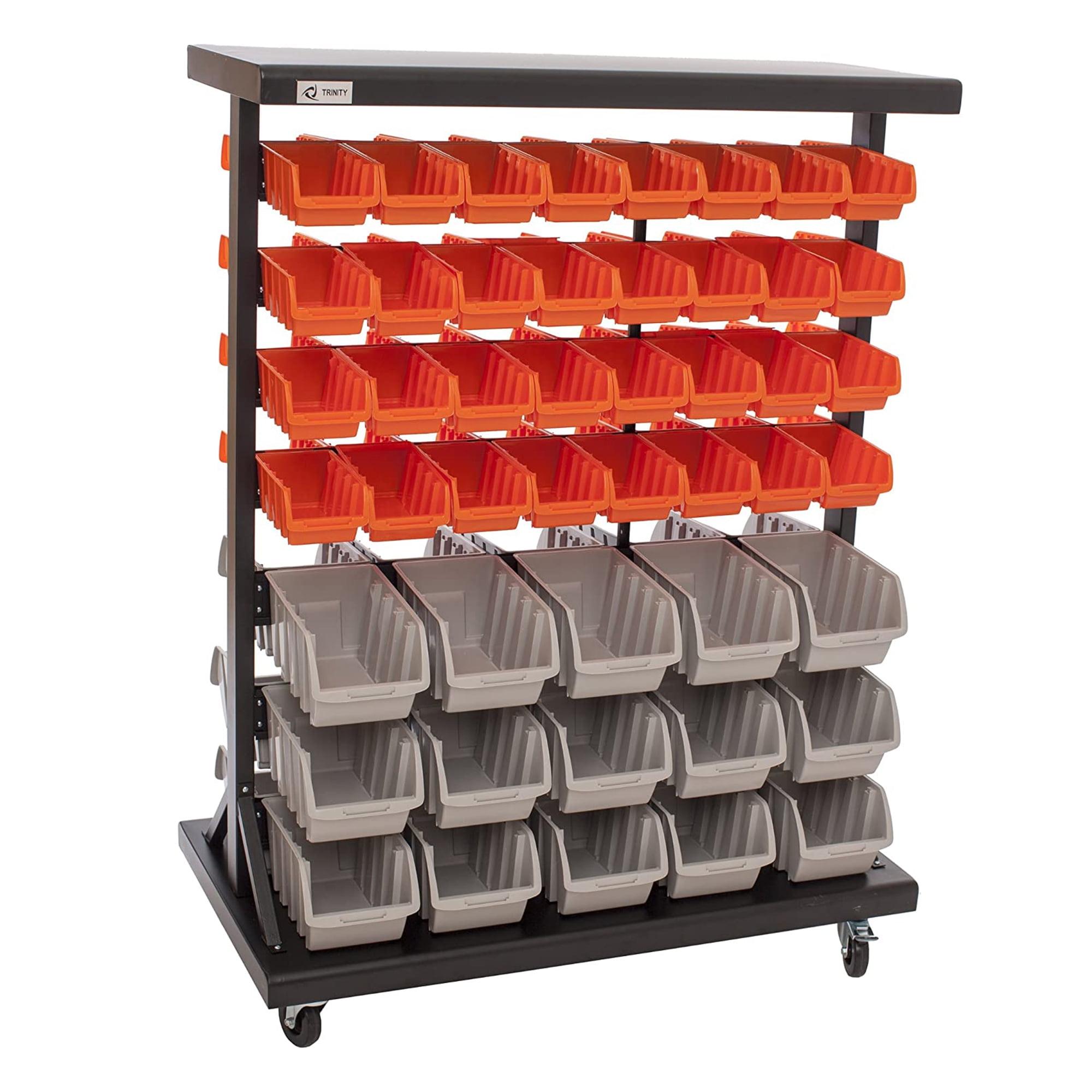 Dual-Sided Mobile 94-Bin Storage Rack with Wheels, Orange & Grey