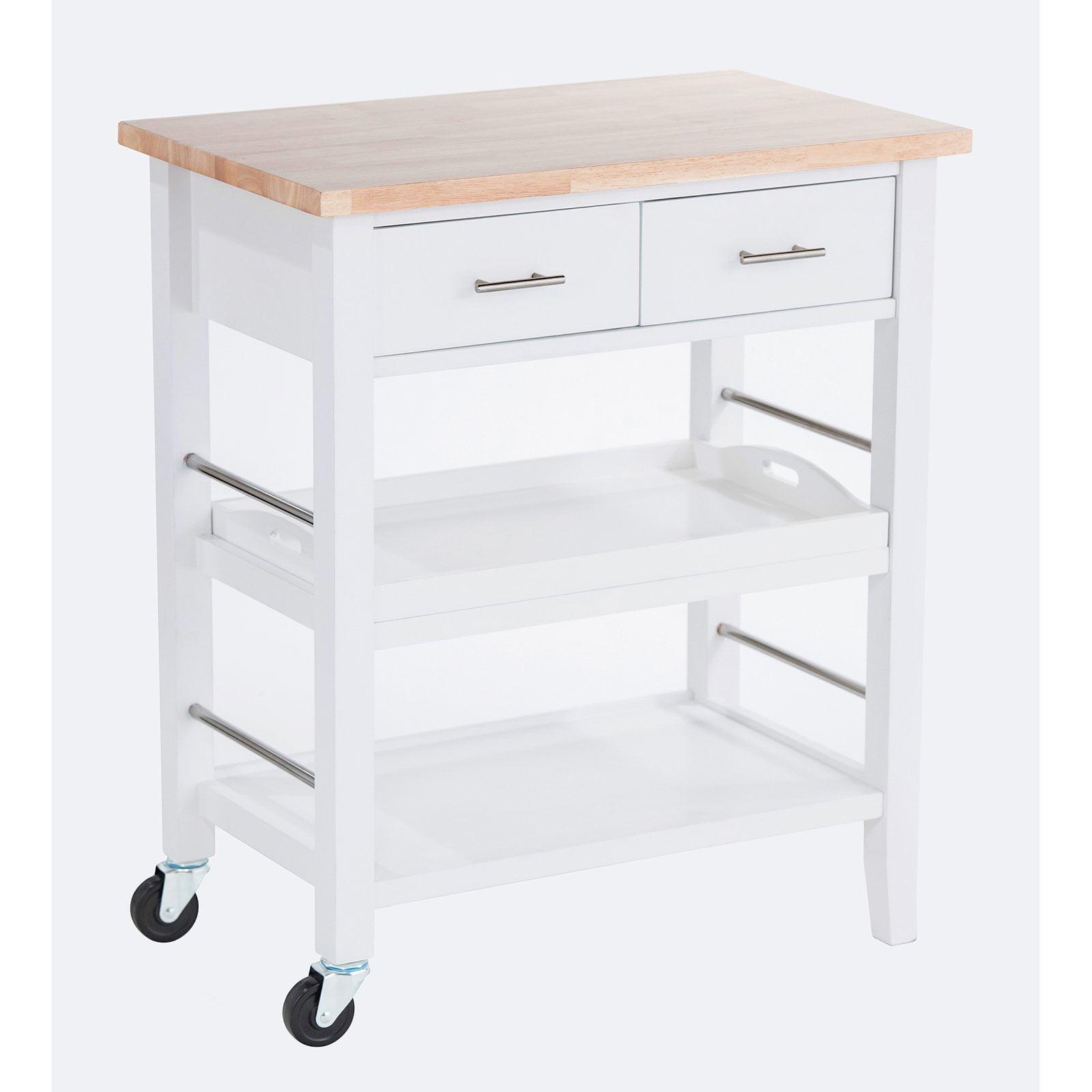 Modern Rectangular Rubberwood Kitchen Cart with Storage and Serving Tray