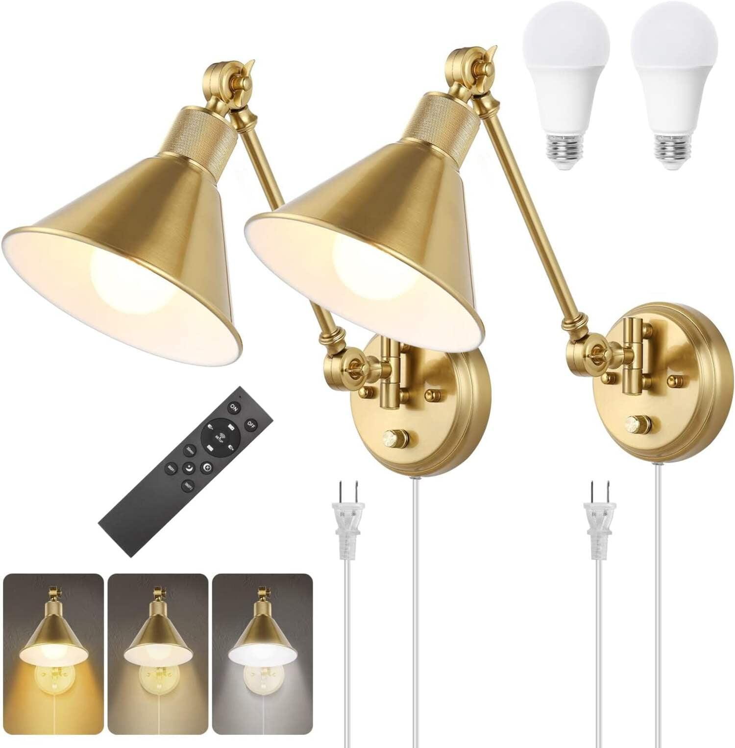 TRLIFE Wall Sconce Plug In, Dimmable Wall Sconce Brushed Brass Swing Arm Wall Lights with Plug in Cord and Dimmer On/Off Knob Switch, Wall Mounted Light for Bedside Bedroom Stairway (1 Pack, 1 Bulb)