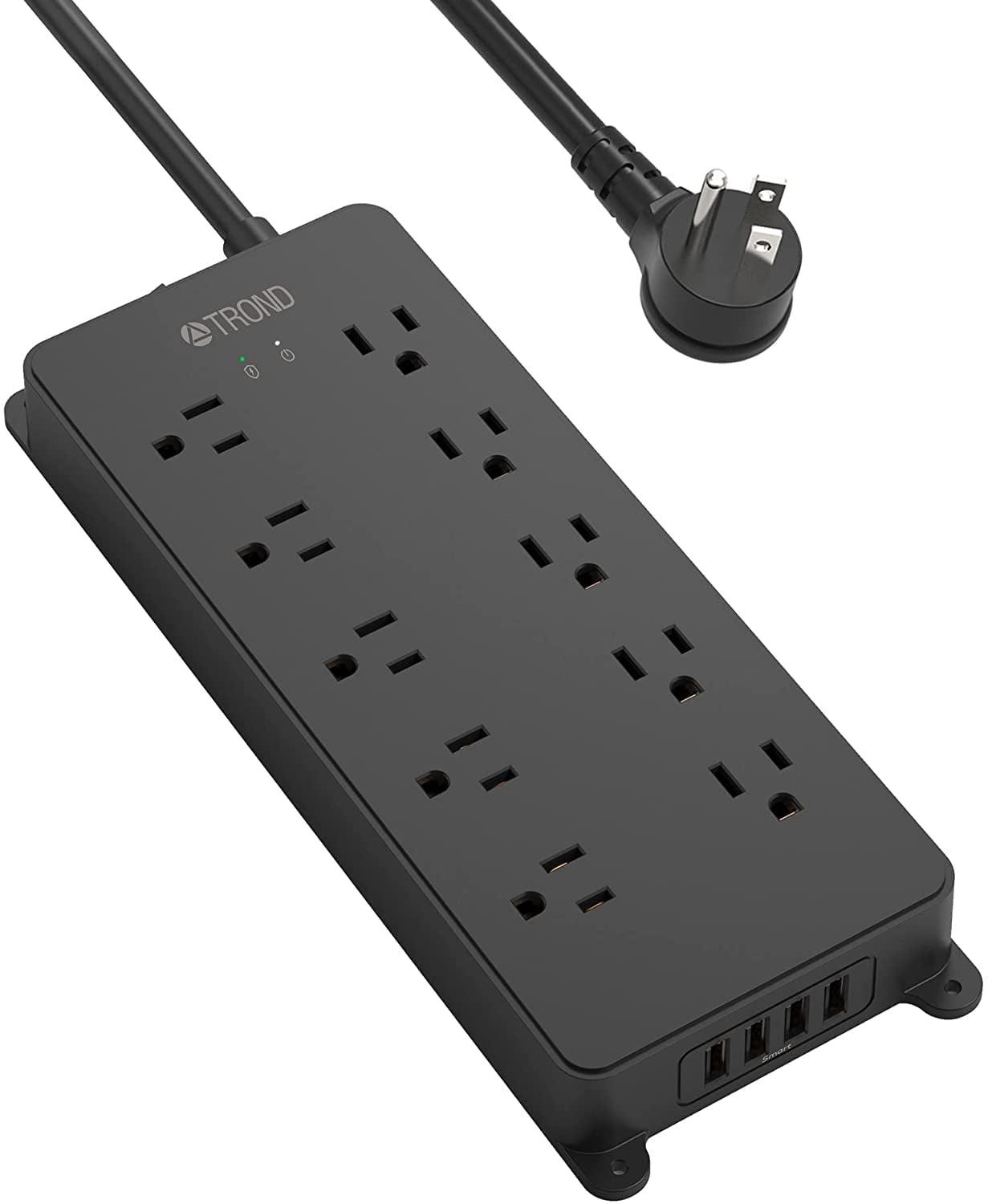 TROND Power Strip Surge Protector, 4000J, ETL Listed, 15A, 10 Widely Spaced Outlets with 4 USB Ports, Flat Plug 5ft Extension Cord, Wall Mountable, 14AWG Heavy Duty, for Home Office Garage, Black