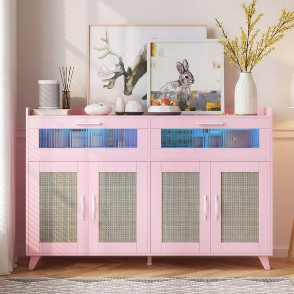 Garvee Sideboard Buffet Cabinet with Power Outlet & LED Light - Kitchen Storage Cabinet with 2 Fluted Acrylic Drawers & 4 Rattan Doors, Pink