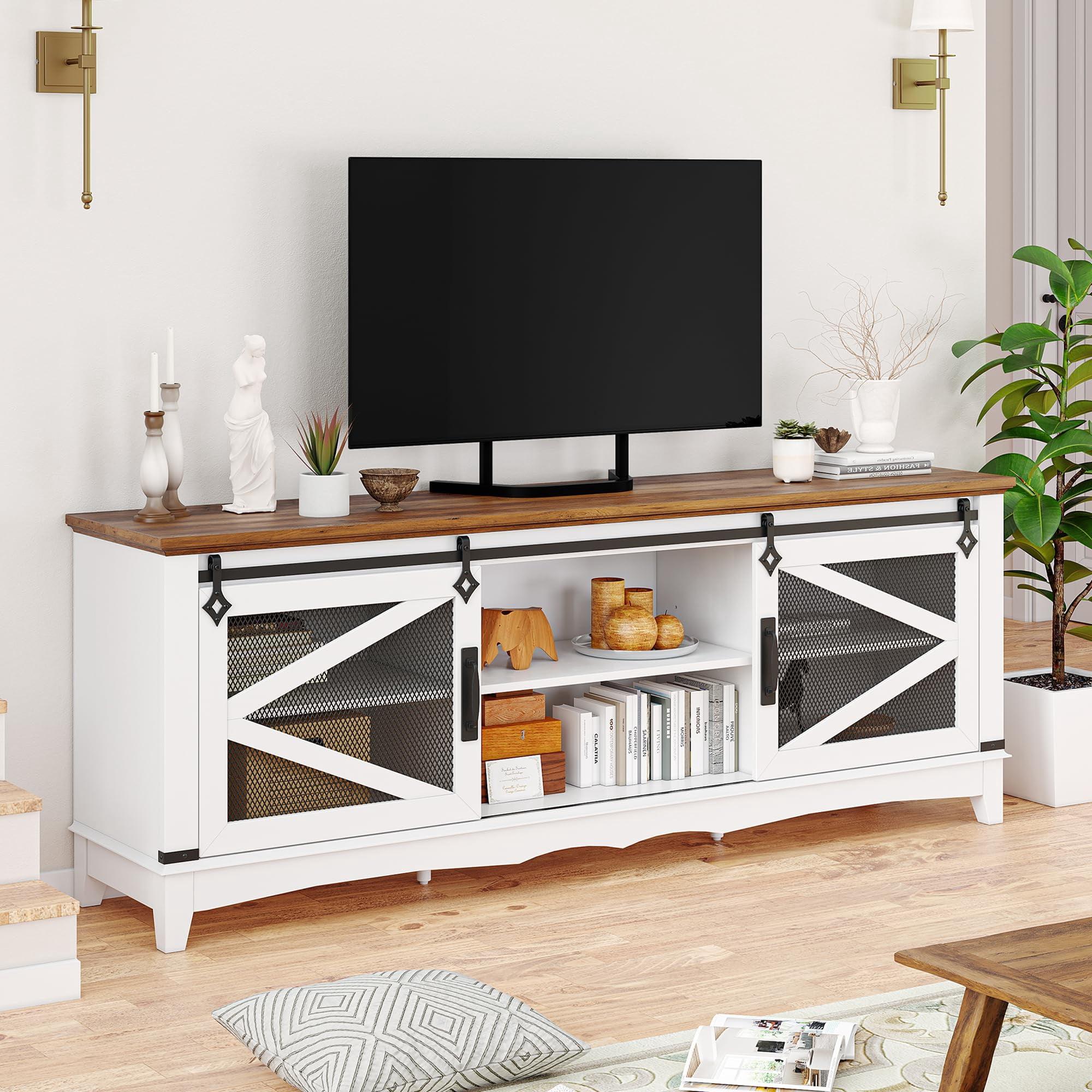 Farmhouse TV Stand with Sliding Barn Doors, TV Cabinet with Storage Shelf, Entertainment Center for 65" TV