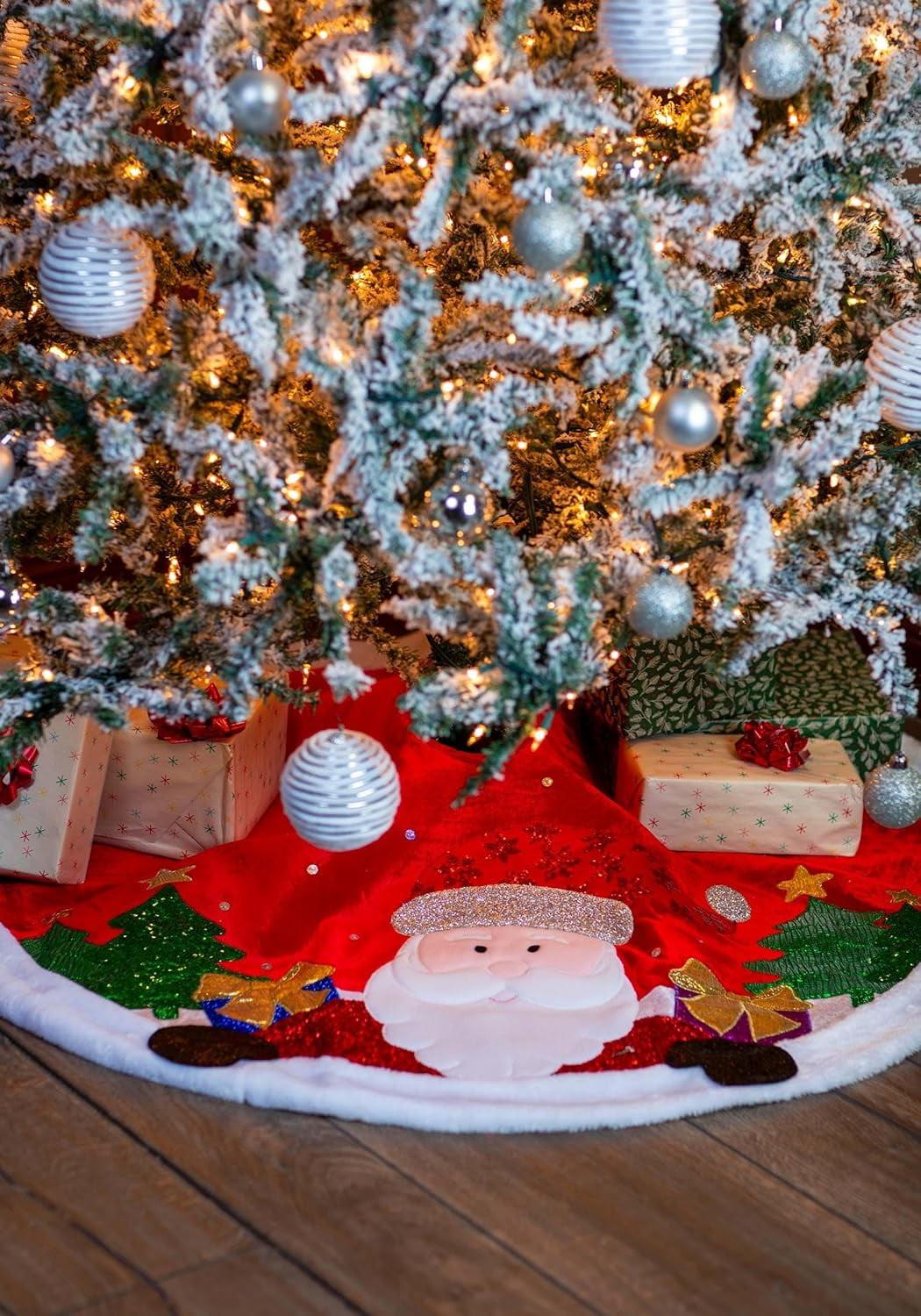 48-Inch Red and White Embroidered Santa Christmas Tree Skirt