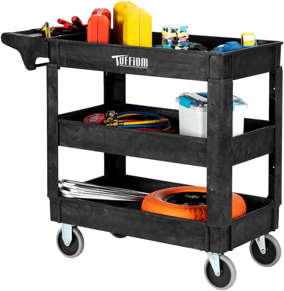 Black 3-Tier Heavy Duty Plastic Utility Cart with Wheels