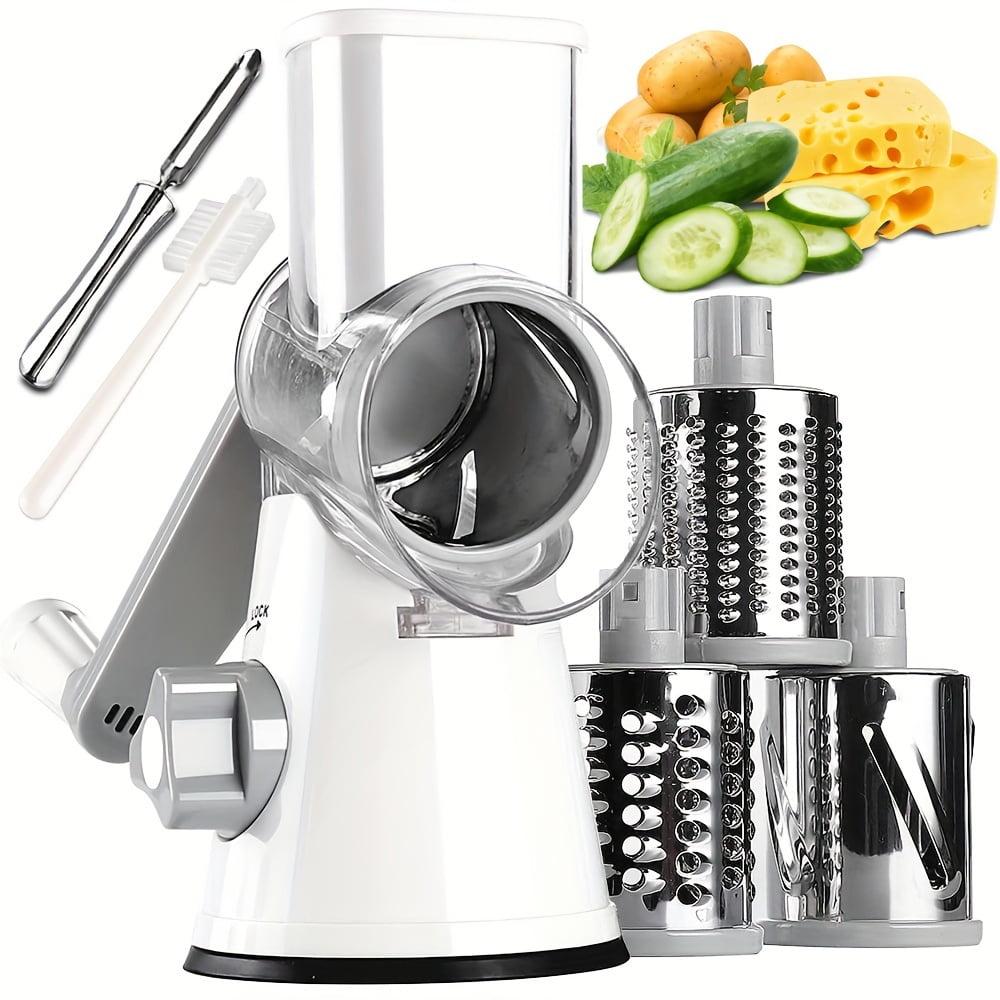 White Rotary Cheese Grater with Ergonomic Handle and 3 Stainless Steel Blades