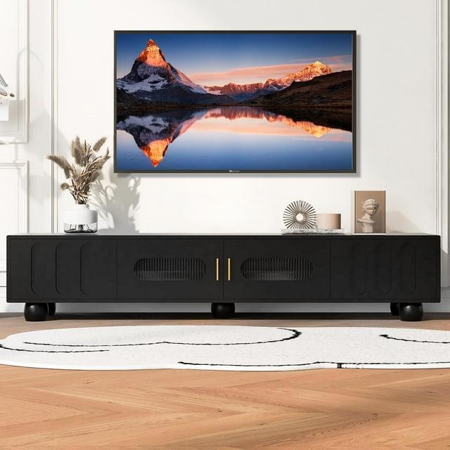 TV Console with 2 Glass Doors, FURNINEST Entertainment Center for TVs up to 80", TV Stand with 2 Drawers, Modern TV Cabinet Furniture, Television Stand with Wood Legs for Living Room Bedroom, Black