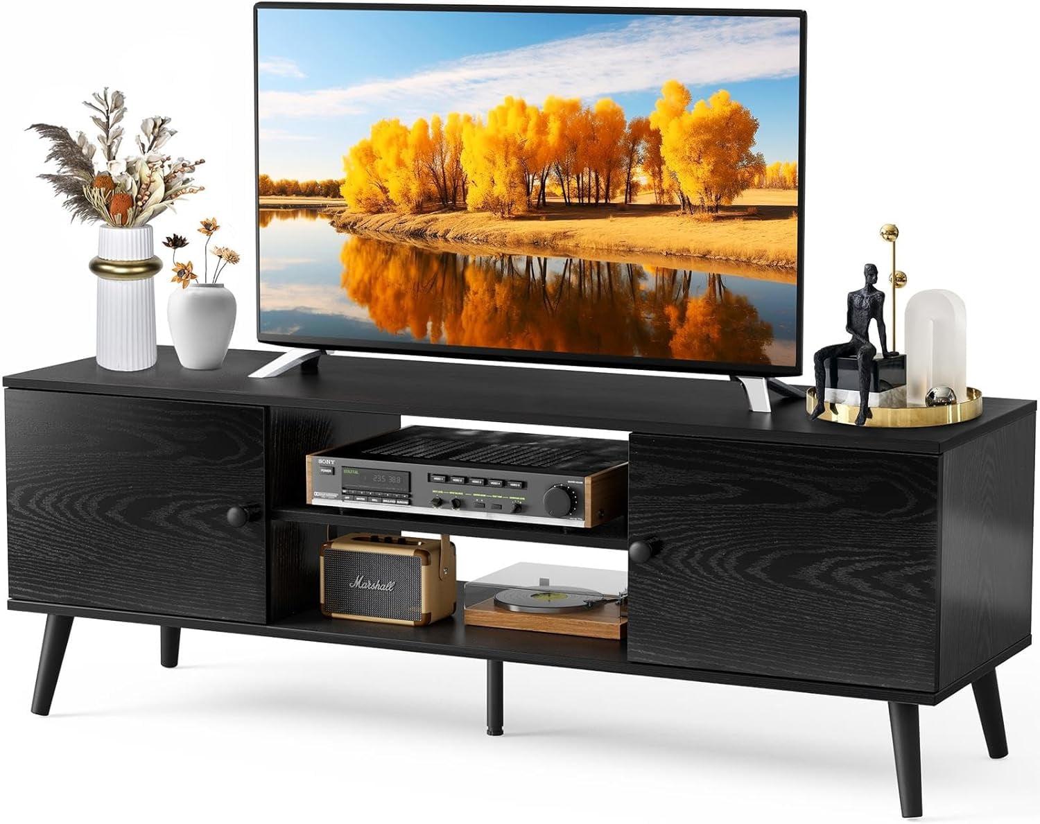 Charcoal Black Modern TV Stand with Cabinets and Wood Feet