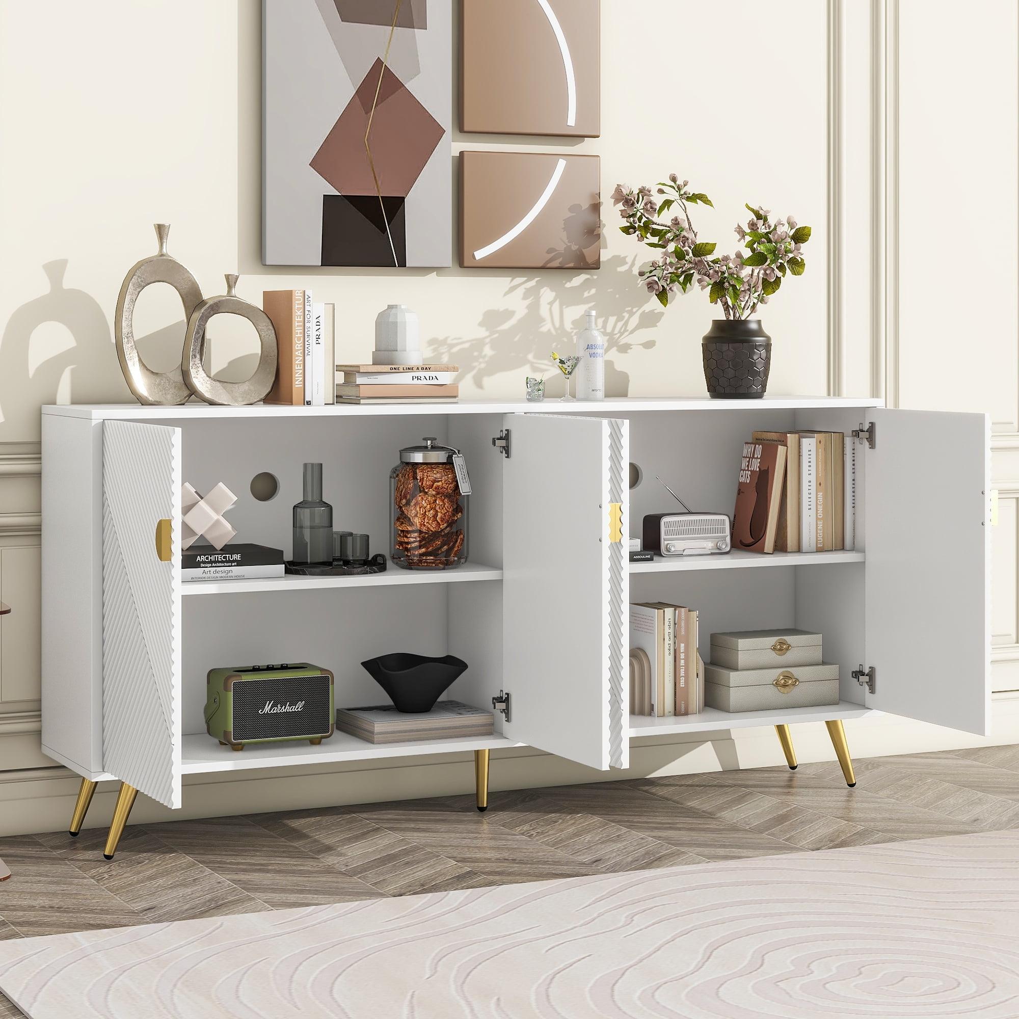 White Modern TV Stand with Metal Legs and Storage Cabinets