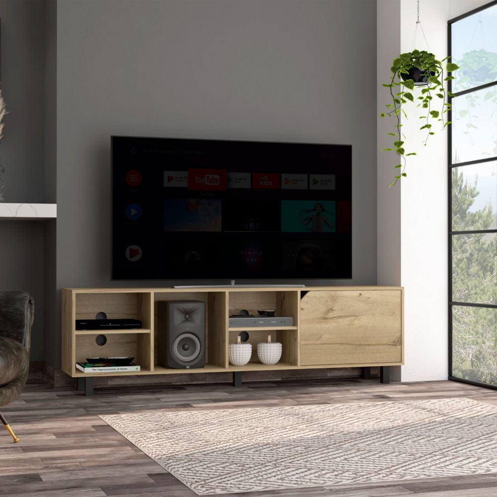 Light Oak and White TV Stand with Cabinet and Shelves