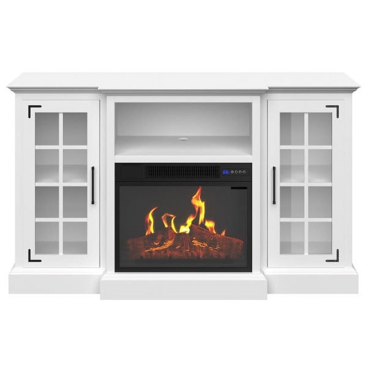 White 65-Inch TV Stand with Electric Fireplace and Cabinets