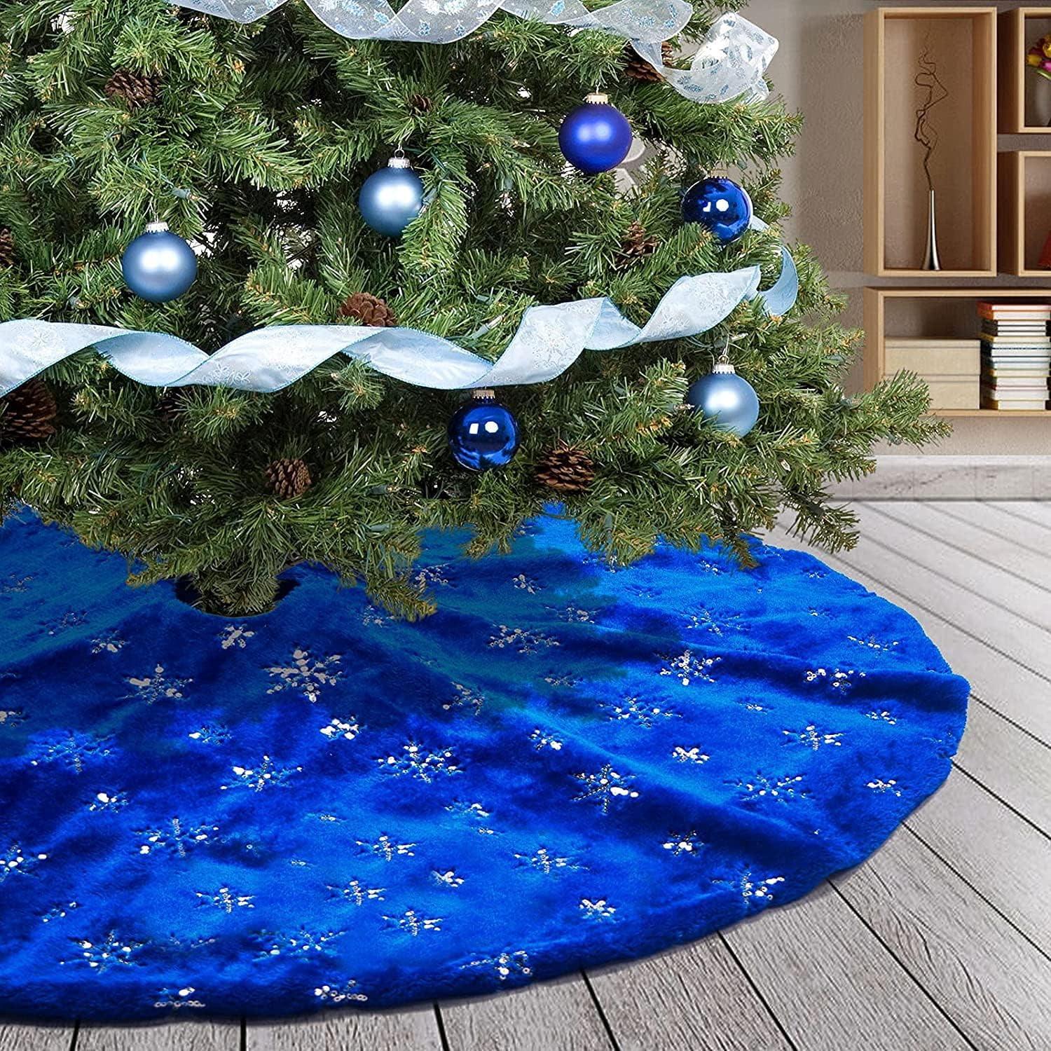 30-Inch Dark Blue Faux Fur Christmas Tree Skirt with Silver Sequin Snowflakes