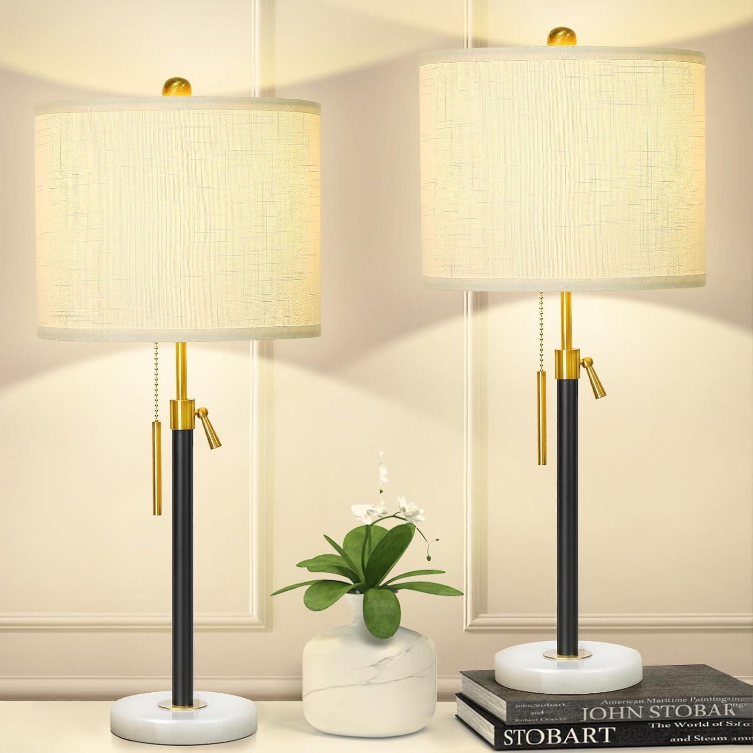 Adjustable Gold and Black Table Lamp Set with Marble Base and Linen Shade