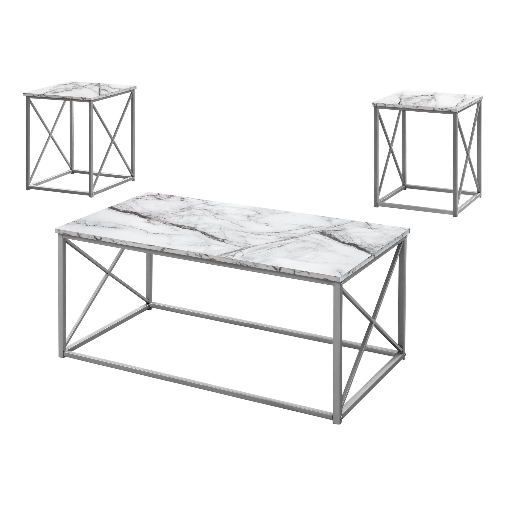 Monarch Specialties Table Set 3Pcs Set Coffee End Side Accent Living Room Metal Laminate White Marble Look Grey Contemporary Modern