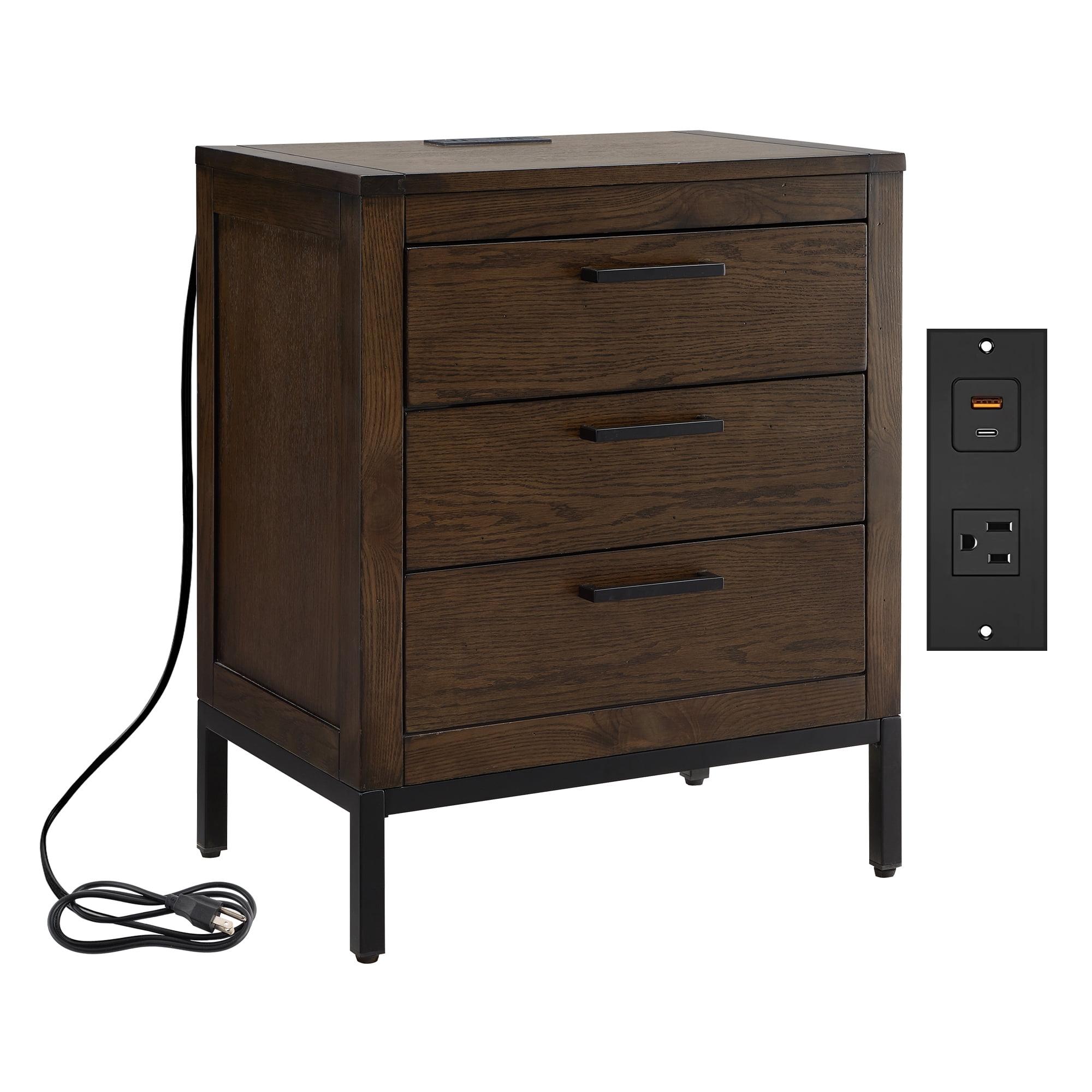 Tableau Nightstand Side Table With Top Drawer and Hidden Lower Cabinet Rustic Modern – USB-C Fast Charging Station, A/C and USB Charging Port Integrated – Durable Solid Wood, Distressed Riverstone