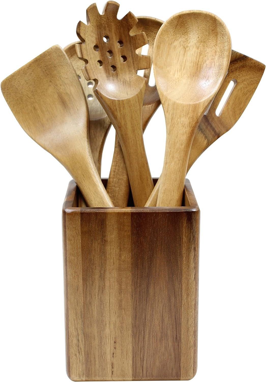 Acacia Wood Utensil Set with Holder, 6-Piece