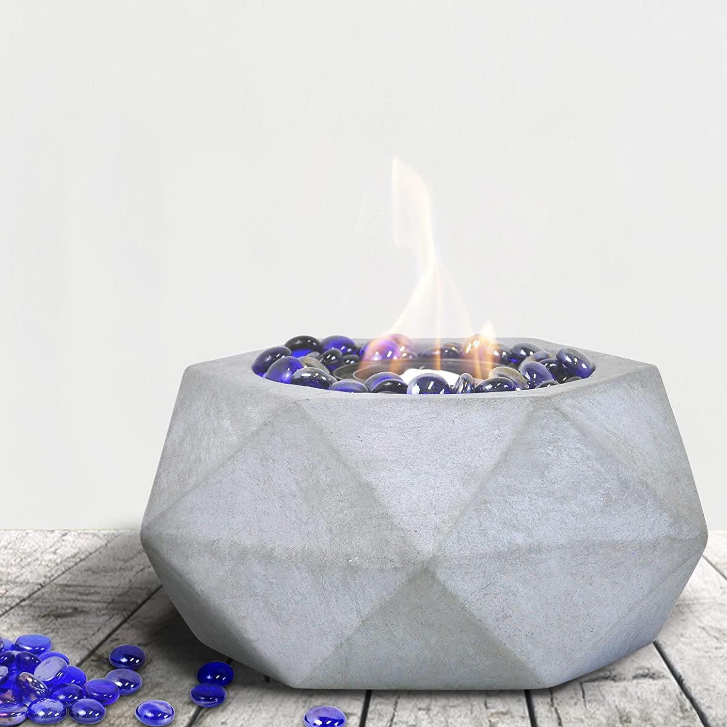 Geometric Gray Concrete Tabletop Fire Pit with Blue Stones