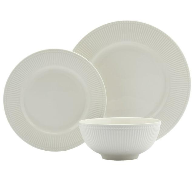 Tabletops Gallery Ivory Dinnerware 12 Piece Set Embossed Bone White Porcelain (Dinner Plate, Salad Plate, Cereal Bowl)