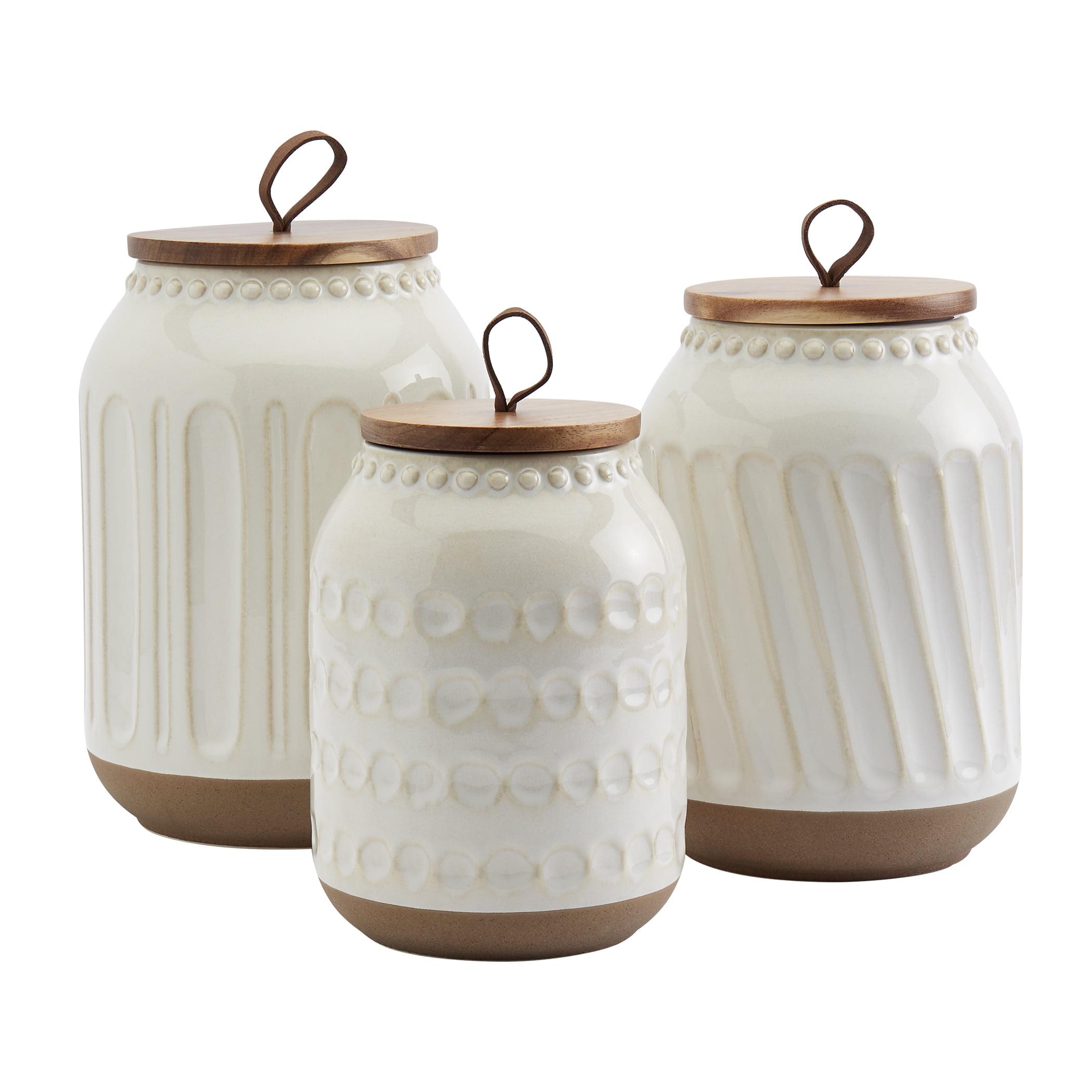 Embossed White Ceramic Canister Set with Acacia Wood Lids, 3 Piece