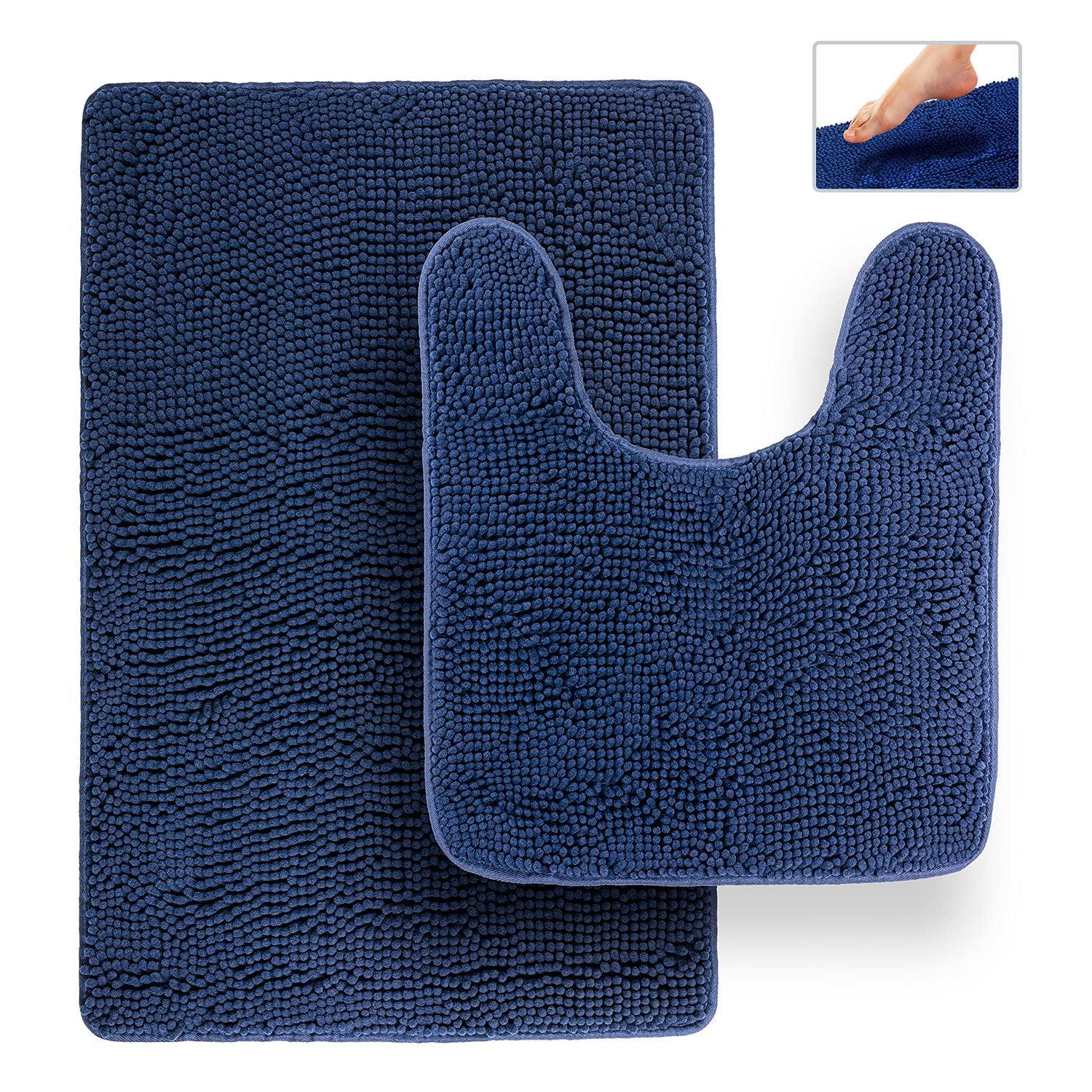 Navy Blue Chenille Memory Foam Bath Mat Set