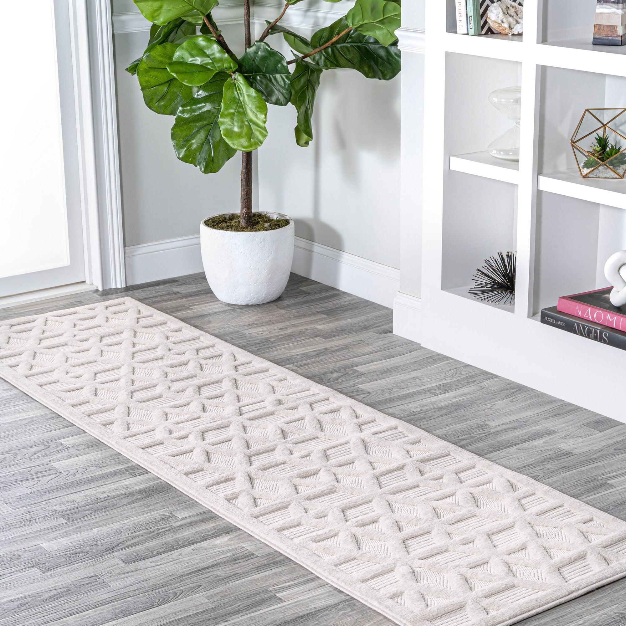 Ivory Geometric Washable Indoor/Outdoor Runner Rug