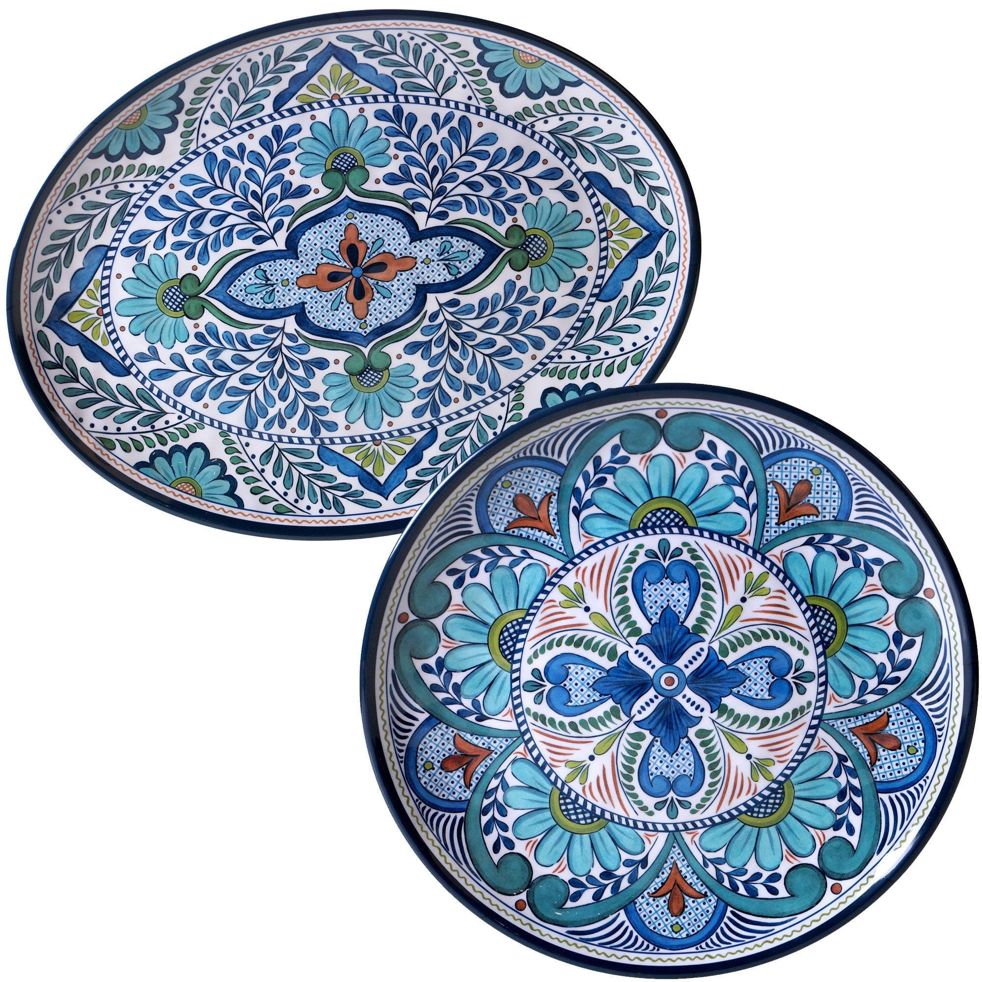 Talavera Blue and Aqua Melamine Round Serving Platters, Set of 2