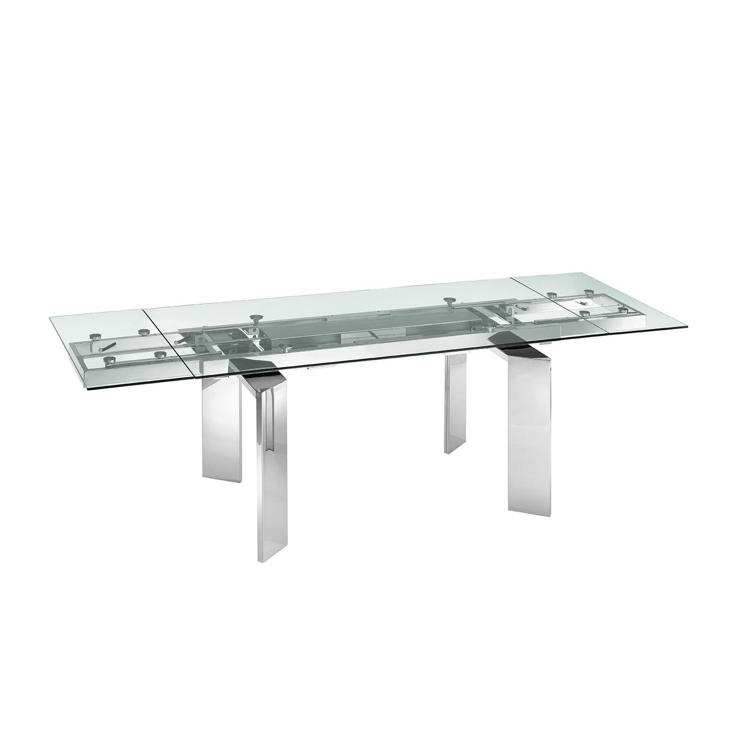 Astor Extendable Glass Dining Table with Silver Stainless Steel Base