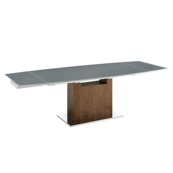 Talenti Casa OLIVIA motorized dining table in gray glass with walnut veneer base.