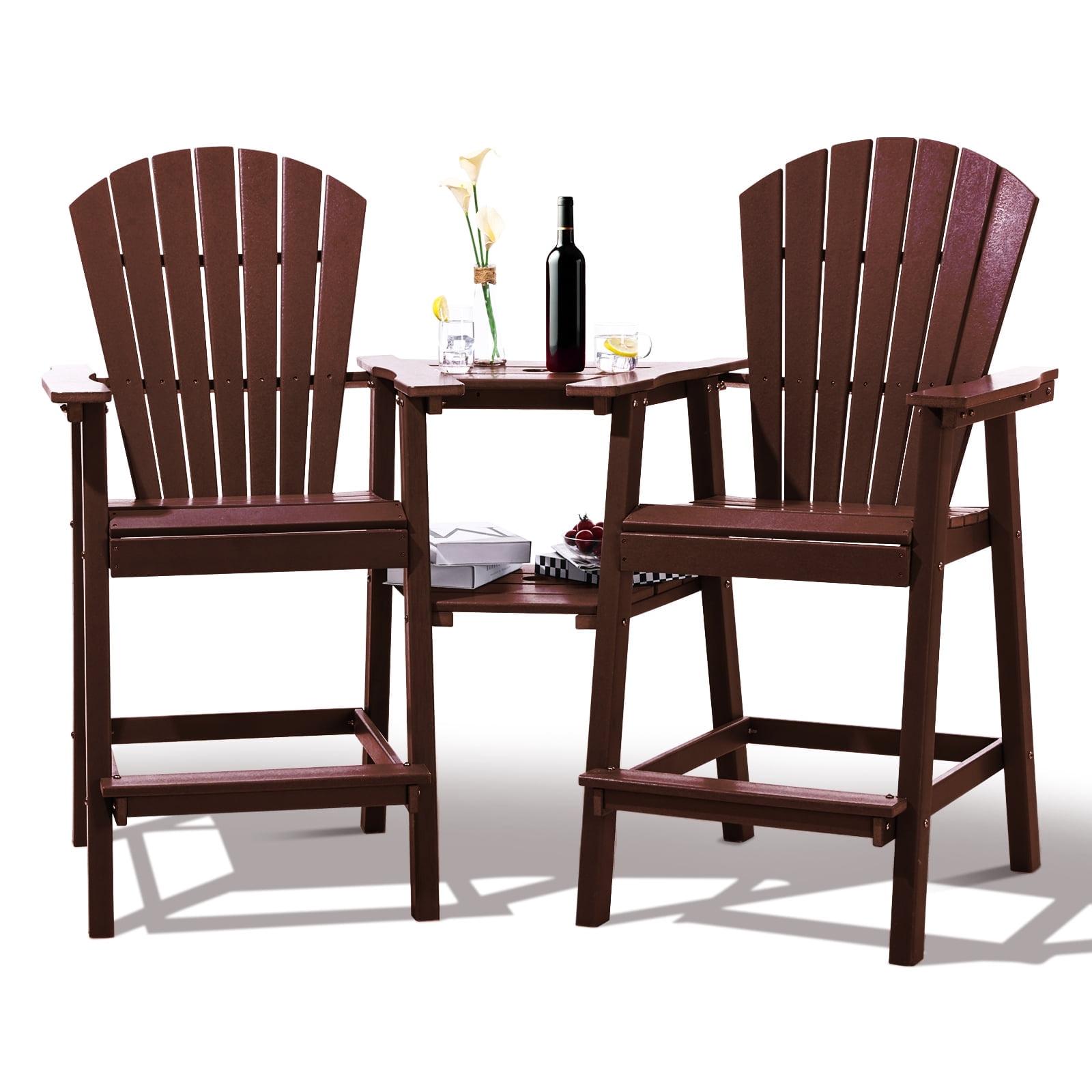 JUSTLET Tall Plastic Adirondack Chair Set of 2 W/ Outdoor Barstools and Connecting Tray, Brown