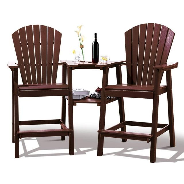 JUSTLET Tall Plastic Adirondack Chair Set of 2 W/ Outdoor Barstools and Connecting Tray, Brown