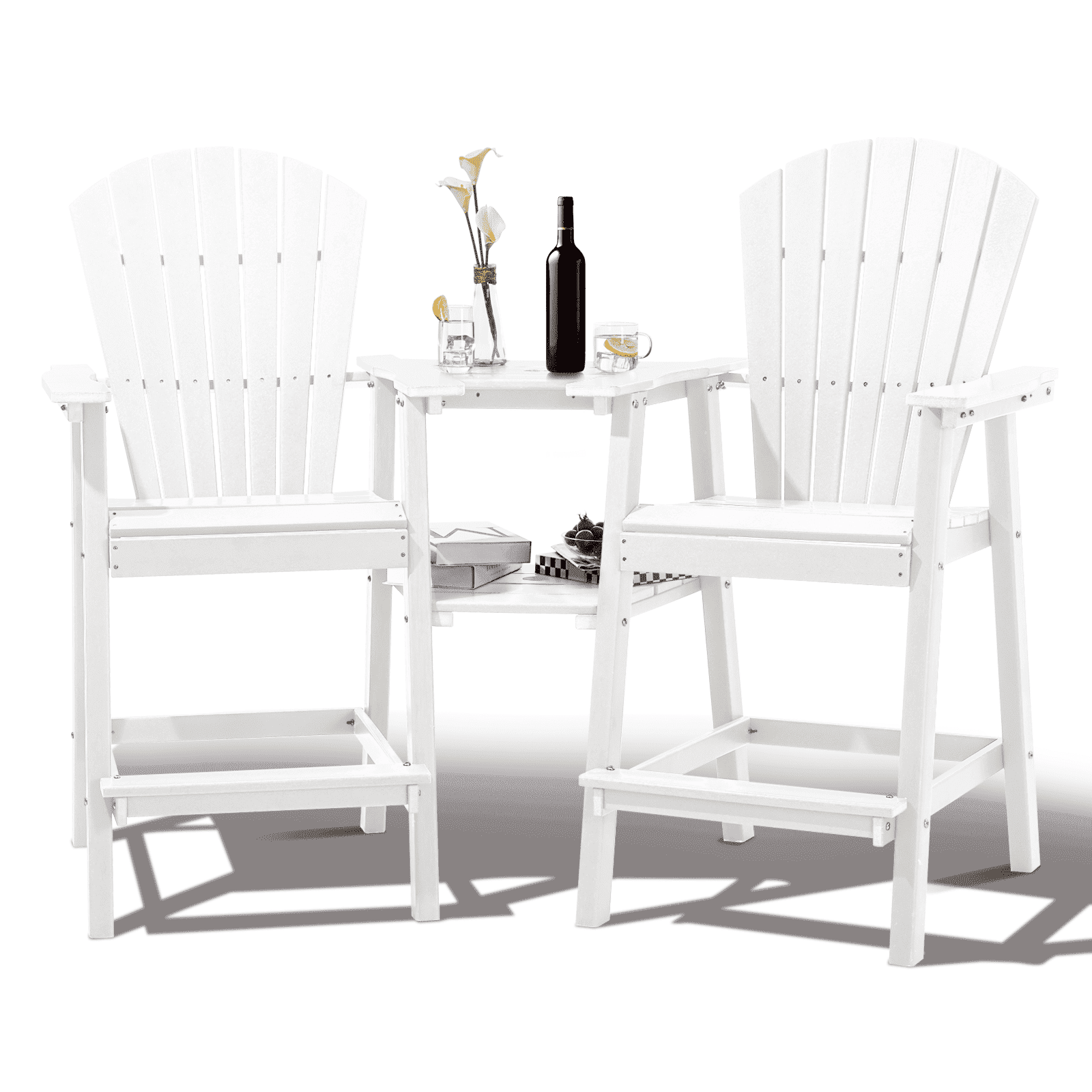 White Tall Plastic Adirondack Chairs with Footrest and Tray