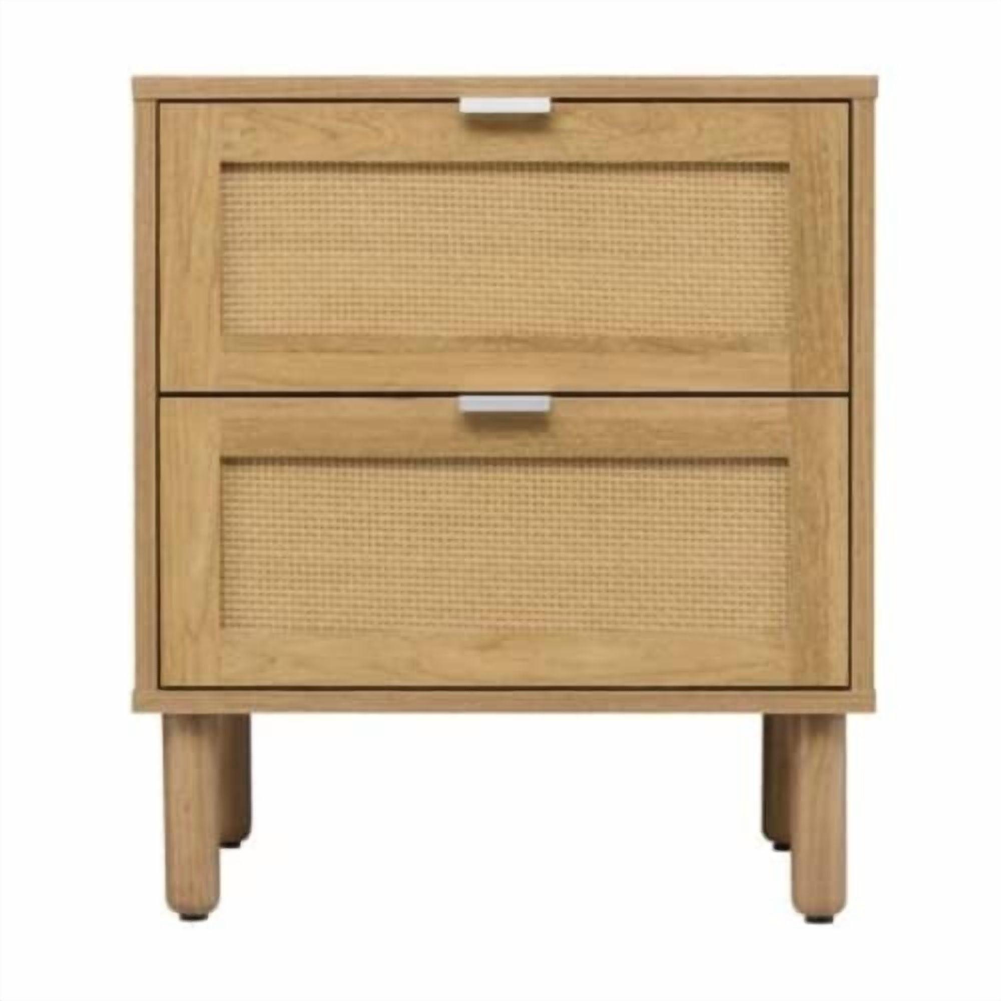 Sango Sango Orre 2-Drawer Solid Wood Nightstand, With Rattan, Cylicndrical Wooden Legs