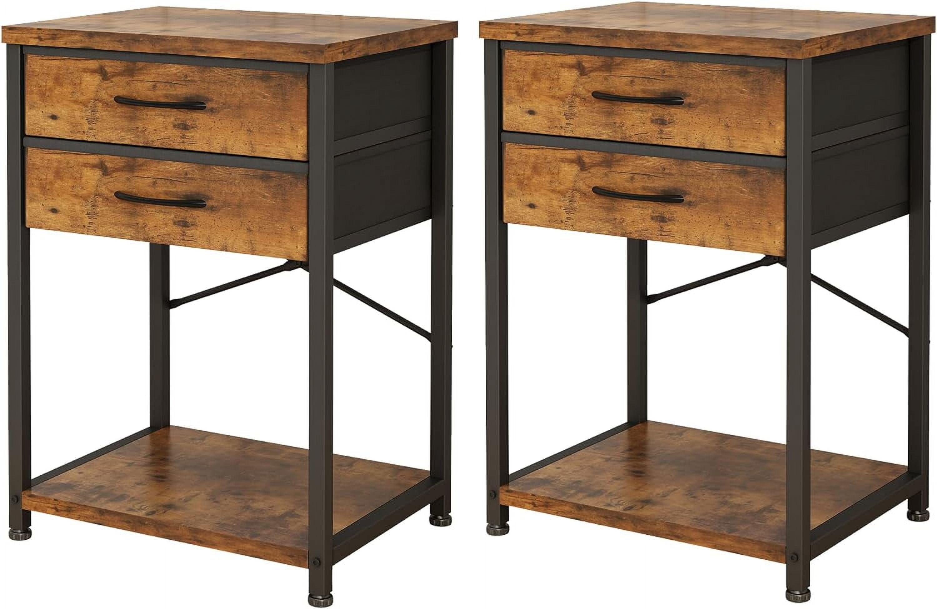 Rustic Brown Industrial Nightstand Set with Fabric Drawers