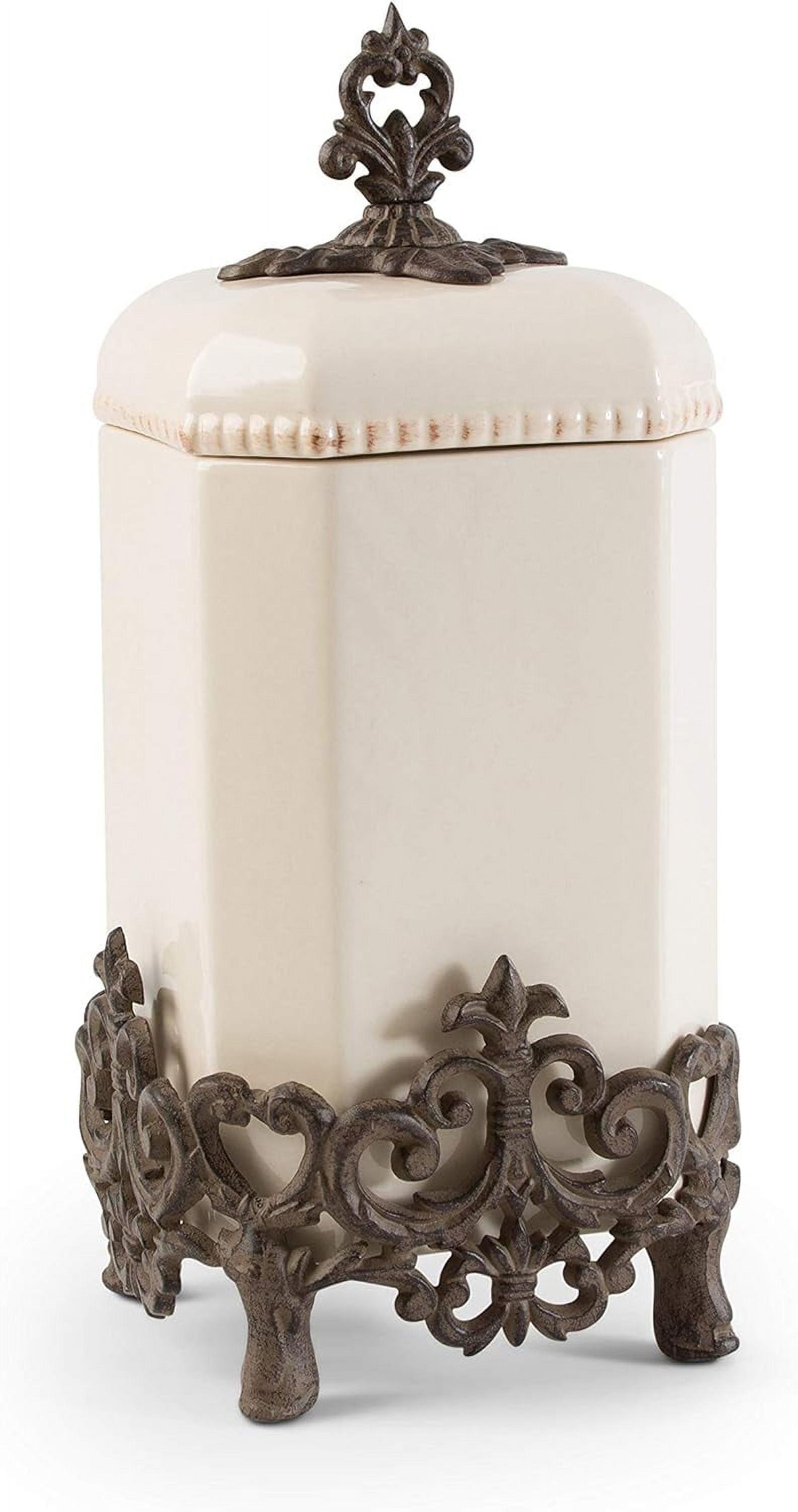 Provencial Cream 16" Ceramic Canister with Brown Metal Base