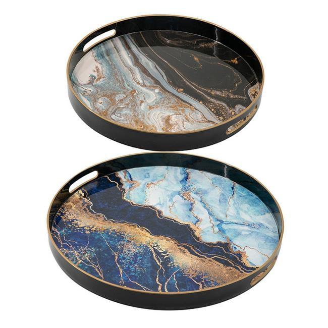 Set of 2 Blue and Gold Faux Marble Round Trays