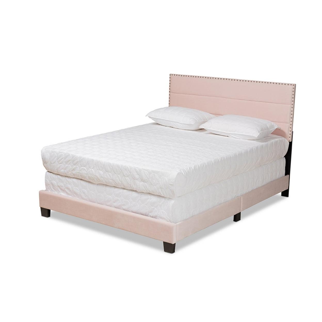 Luxurious Light Pink Velvet Full Bed with Nailhead Trim and Upholstered Headboard